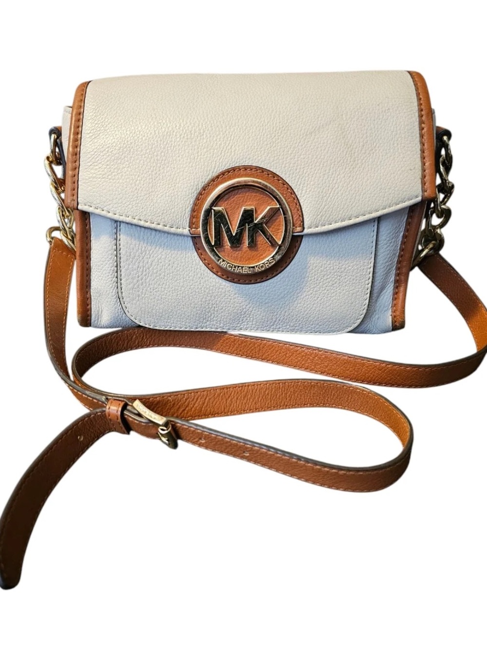 Michael Kors Cream and Brown Leather Crossbody with MK Logo